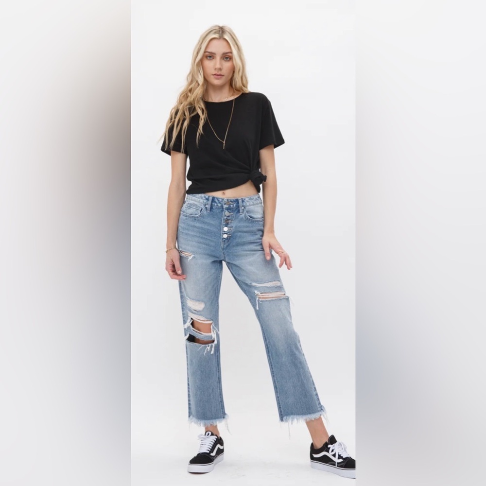 Mica Women's Distressed Blue Jeans. Straight crop with button up.